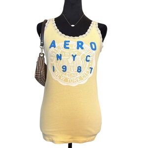 Vintage Aeropostale Woman’s XL NYC Yellow Lace Trim Tank Top with Blue Details